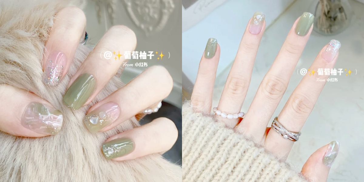 2022春夏綠色系美甲推薦1:抹茶奶蓋 X 貝殼暈染