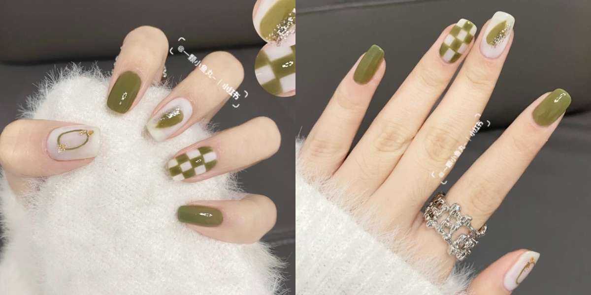 2022春夏綠色系美甲推薦3:翡翠綠 X 棋盤格