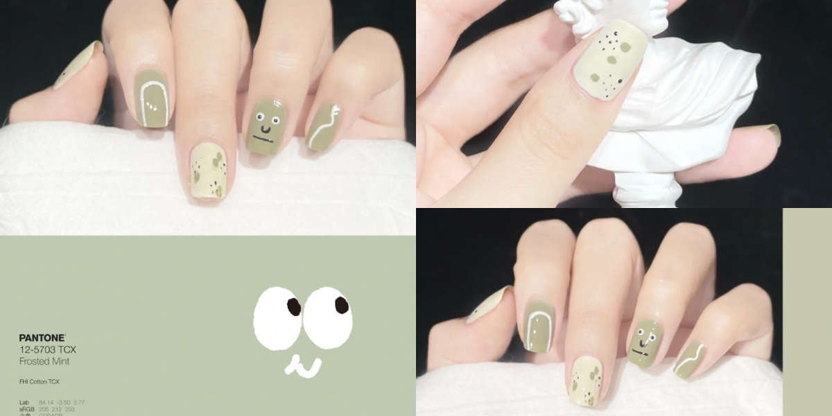 2022春夏綠色系美甲推薦5:奶綠 X 手繪塗鴉