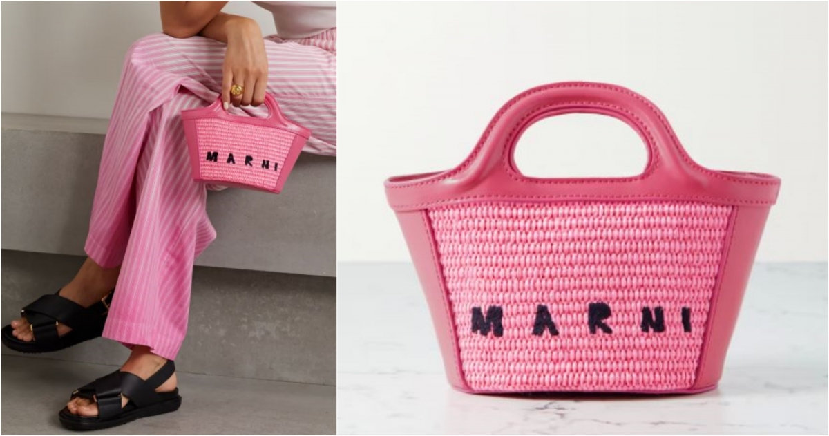 MARNI Tropicalia 皮革边饰拉菲草微迷你手提包，US$834.33