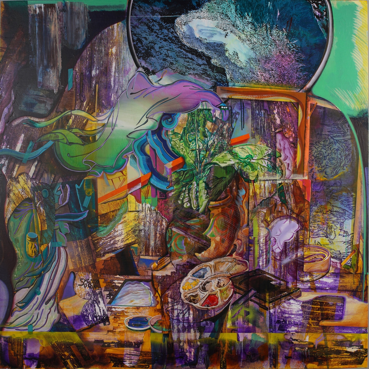 Hsieh Mu-Chi, _Kunshui Lishui_, 2021, Acrylic on canvas, 150 x 150 x 5 cm. Image courtesy of Project Fulfill Art Space. 謝牧岐〈坤水、麗水〉,2021年,壓克力顏料、畫布,150 x 150 x 5 公分。