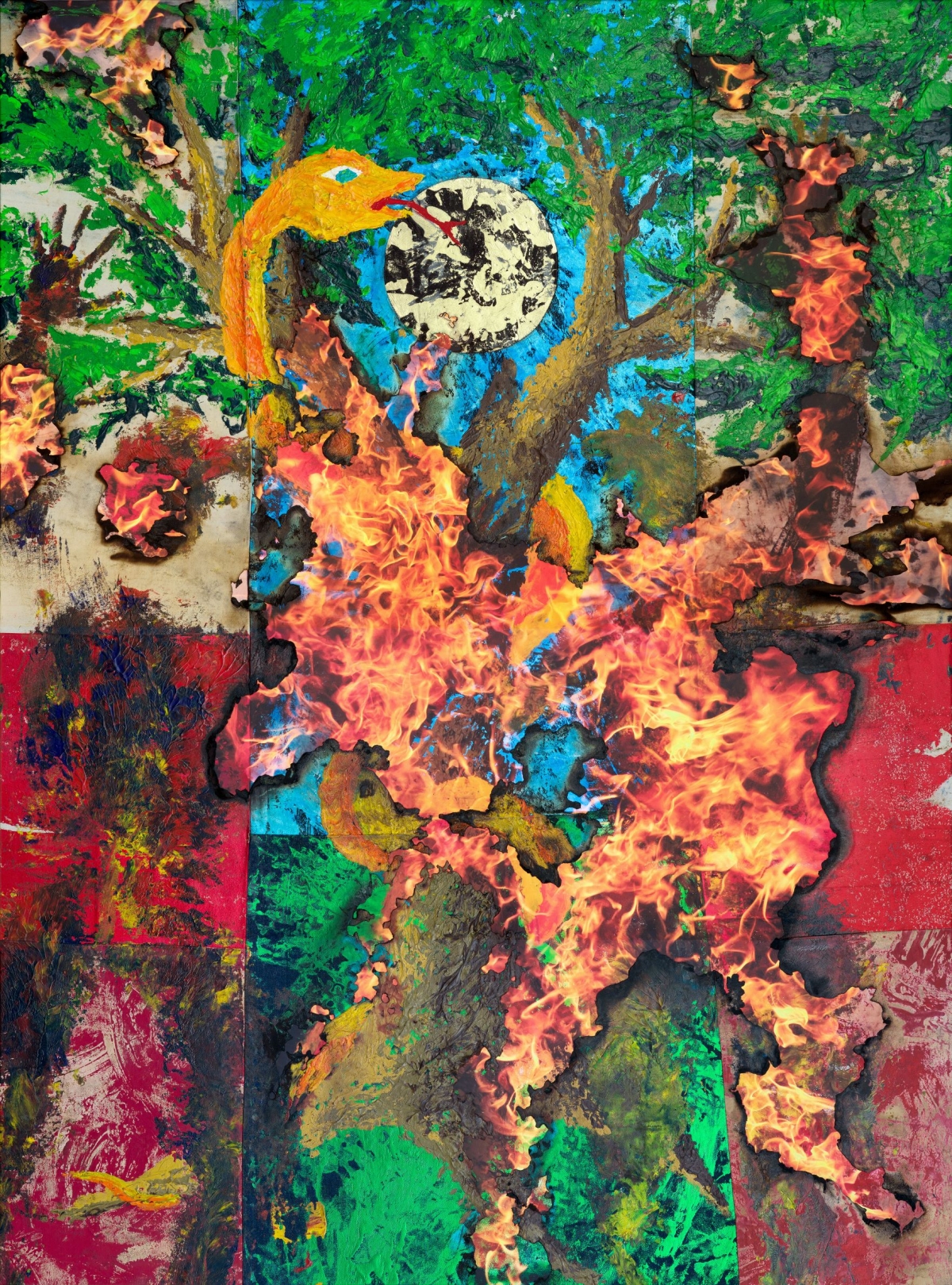 26_Korakrit Arunanondchai, _Working title_, 2022, Acrylic, metallic foil on bleached denim on inkjet print on canvas, aluminum stretcher, 218.4 x 162.6 cm. Courtesy of the artist and BANGKOK CITYCITY GALLE.