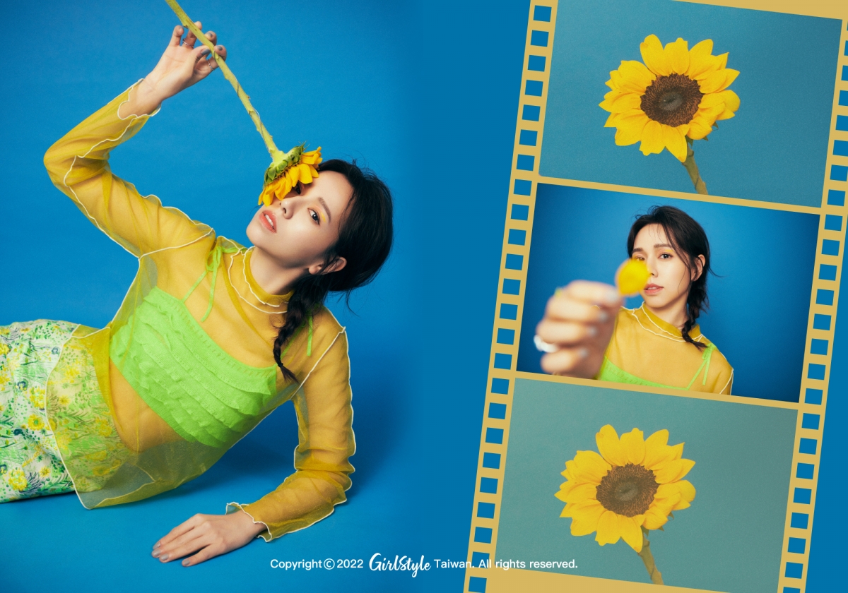 夏于喬穿著 MSGM 亮綠色細肩背心、印花鉛筆裙，配上 GENTLE MONSTER 薄荷綠粗框墨鏡。