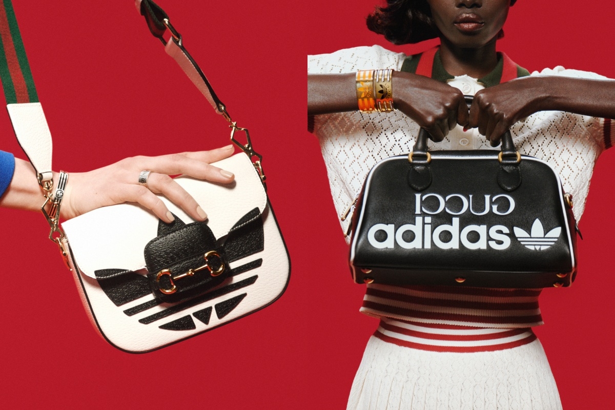 adidas × Gucci 融合了兩個品牌的標誌，創造出既可休閒亦可正式的服飾風格。
