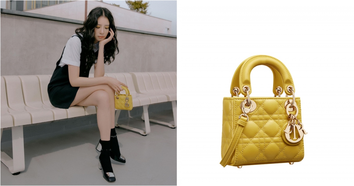 DIOR Lady Dior micro 芥末黃籐格紋小羊皮提包,NT$110,000