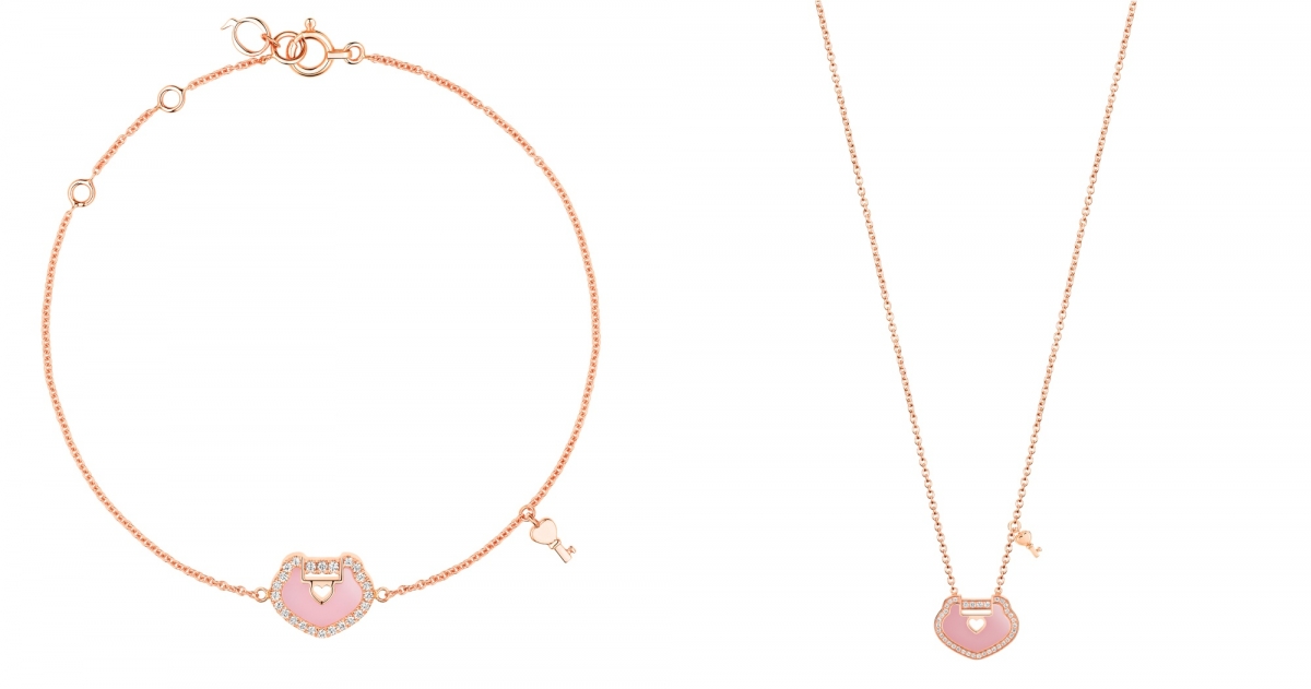 Qeelin_Yu Yi Lock 18K金鑲鑽粉紅蛋白石小粉鎖手鍊，NT$51,500，Qeelin_Yu Yi Lock 18K玫瑰金鑲鑽粉紅蛋白石小粉鎖項鍊，NT$63,500