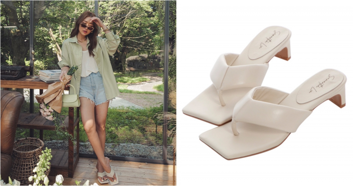 Grace Gift x Samantha 全真皮人字寬帶中跟涼拖鞋，NT$1,916