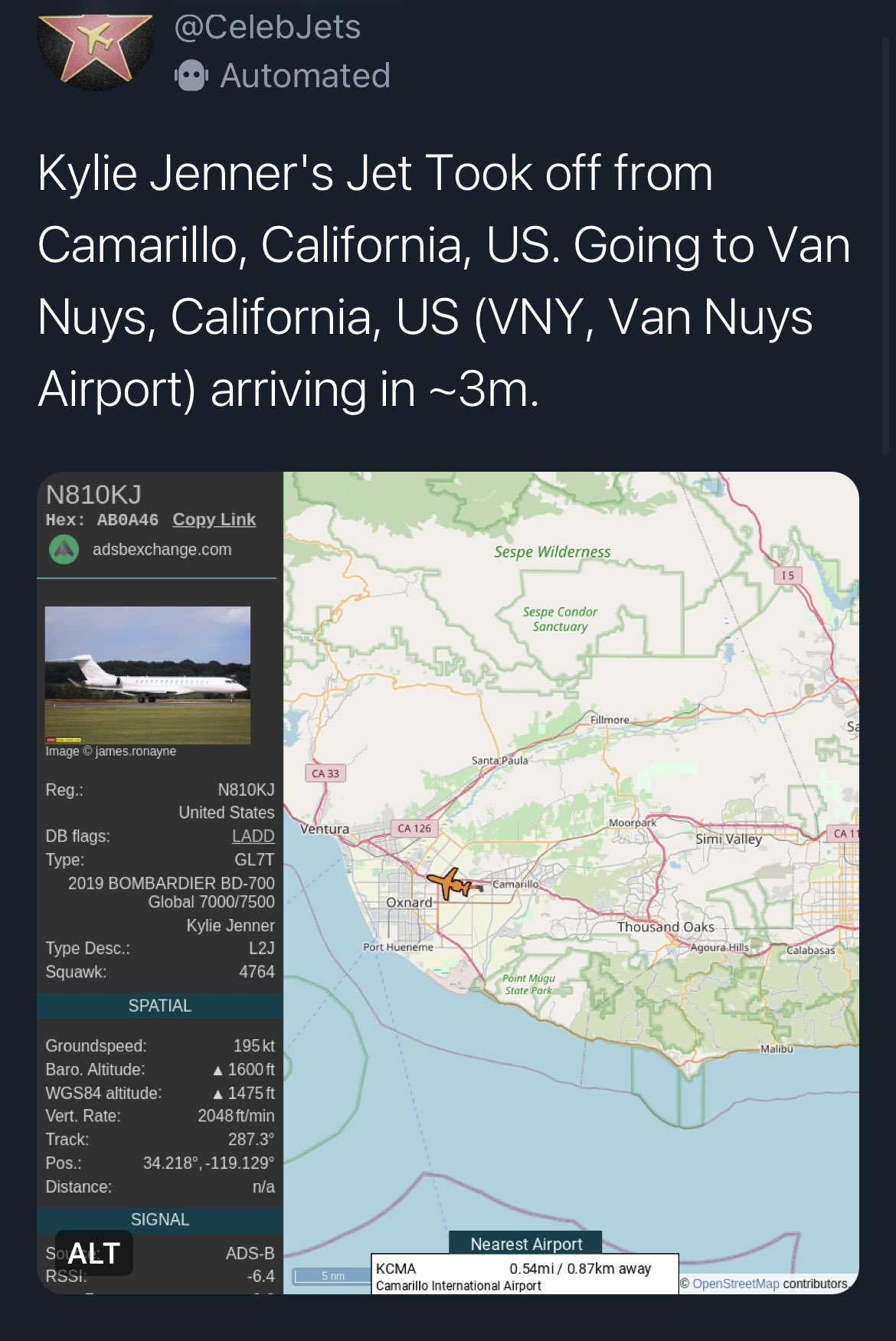 凱莉珍娜私人飛機航線被曝光
