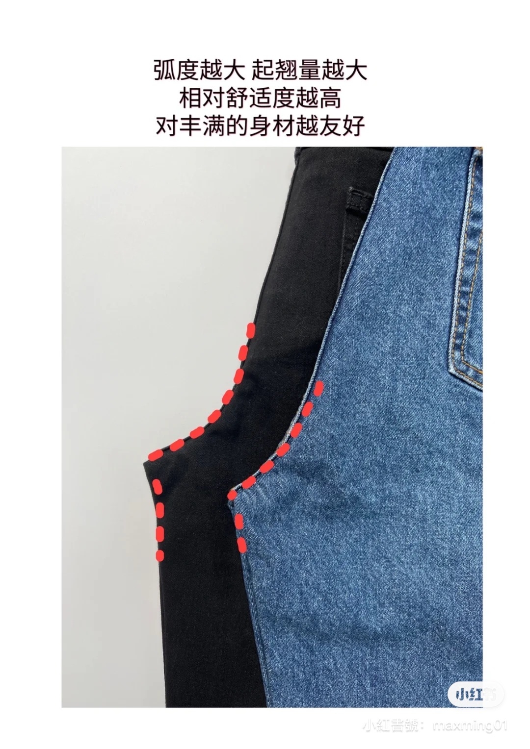 觀察牛仔褲對折後，襠部的弧度大小。