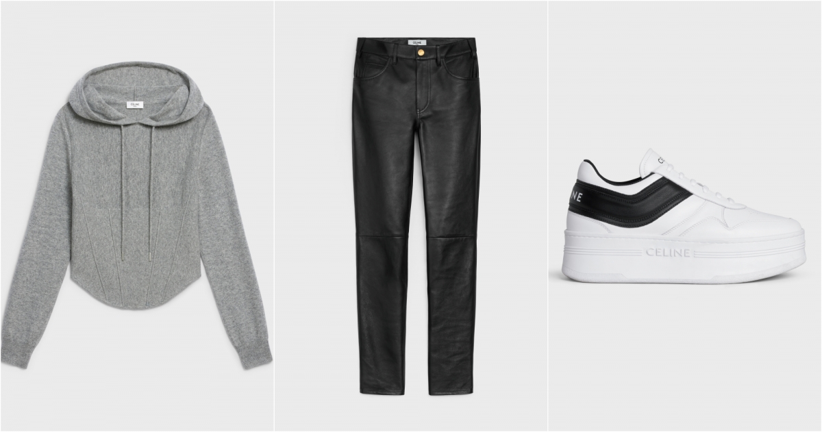 CELINE抽繩連帽上衣，NT$59,000直筒小羊皮革長褲_價格店洽