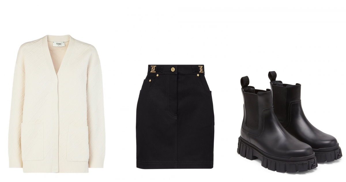 FENDI O' Lock圖騰外套，NT$65,000/直筒牛仔短裙，NT$23,800/Force厚底靴，NT$32,500