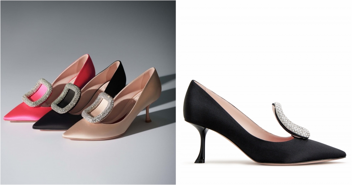 Roger Vivier Viv Choc黑色緞面水晶扣飾高跟鞋，價格店洽