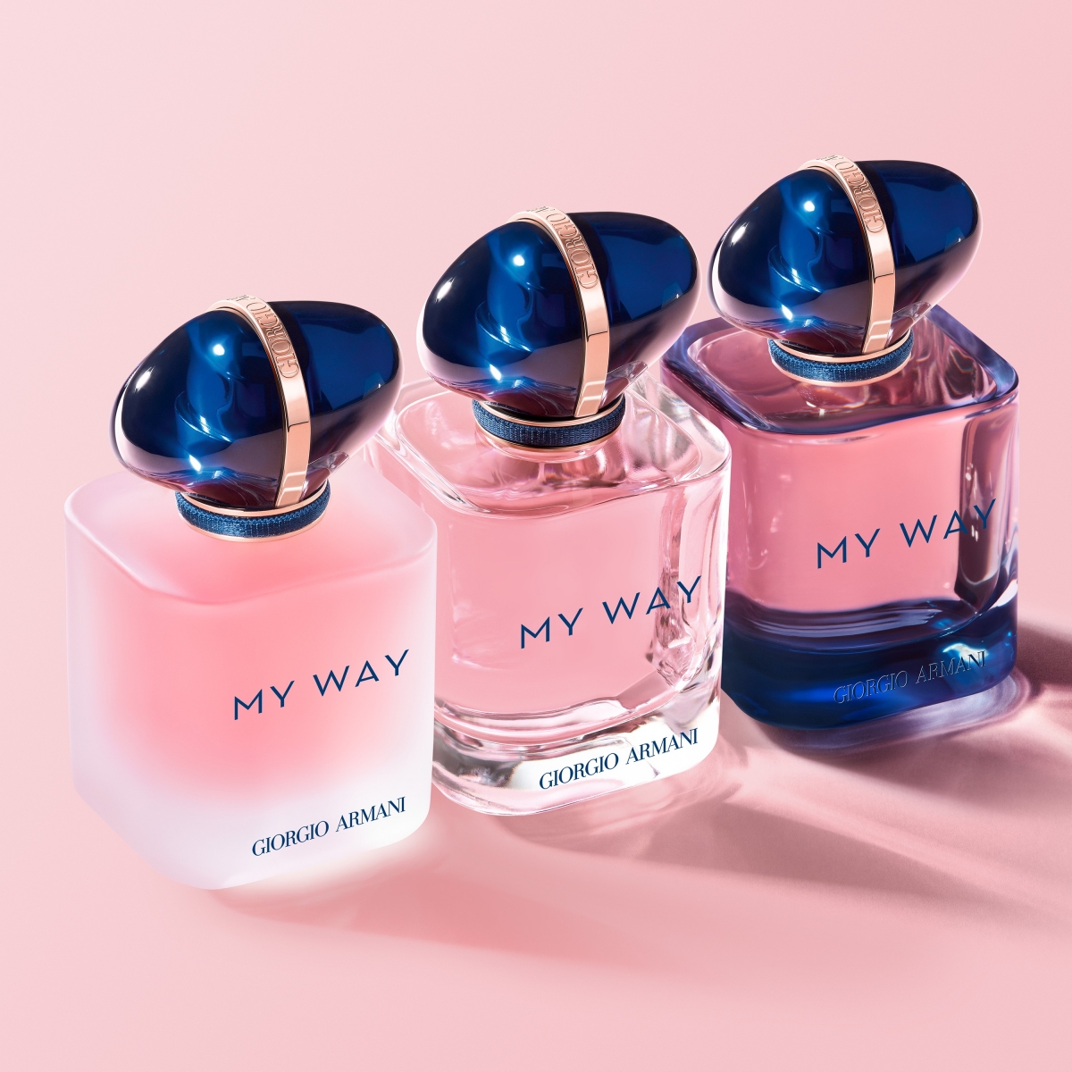 由左至右 全新【MY WAY淡香精 晨露清新版 清新花果氣息香調】50ml NT$3,950 【MY WAY淡香精 淡雅精緻白色花香調 】50ml NT$3,950 【MY WAY淡香精深刻版 頂級白花木質琥珀香調】50ml NT$4,250