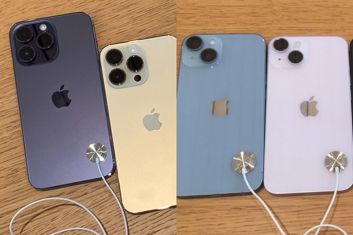 iPhone 14 Pro深紫和金色、iPhone 14藍色和淺紫色實體機對照