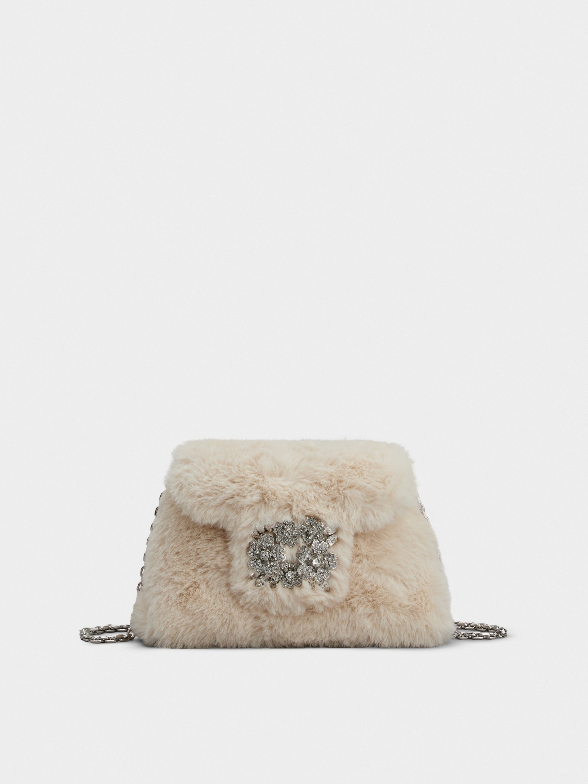 Roger Vivier Bouquet 奶油白人造皮毛鑽扣手拿包，NT48,000