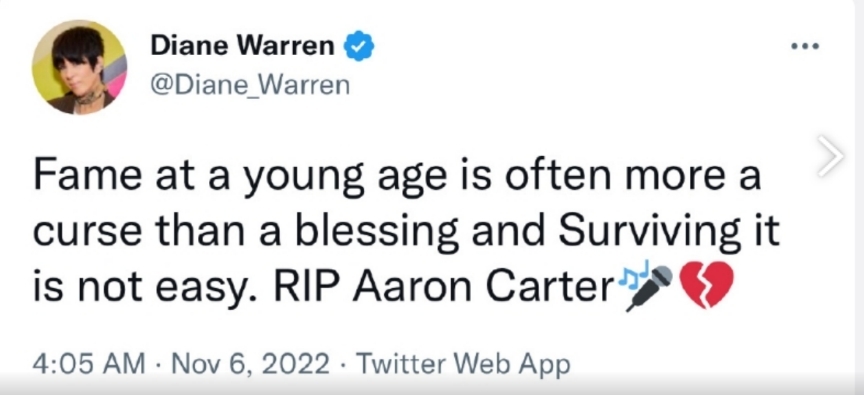 儂儂Diane Warren指出少年的名氣,時常反而往往摧毀一個人