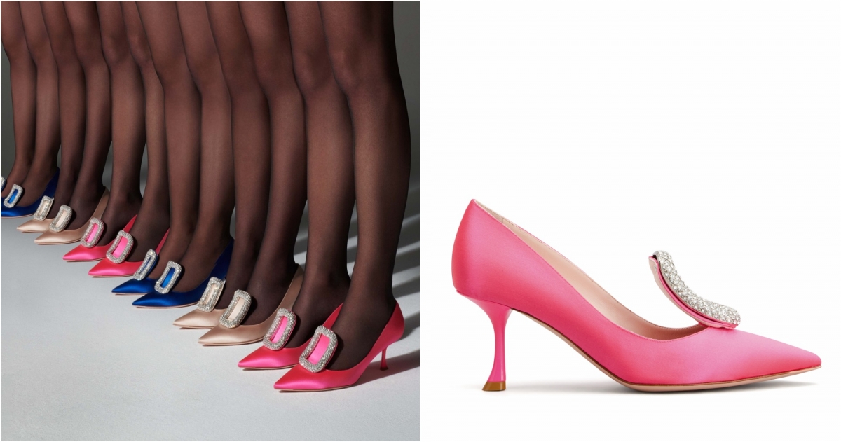 Roger Vivier Viv Choc桃紅色緞面水晶扣飾高跟鞋,NT$70,600