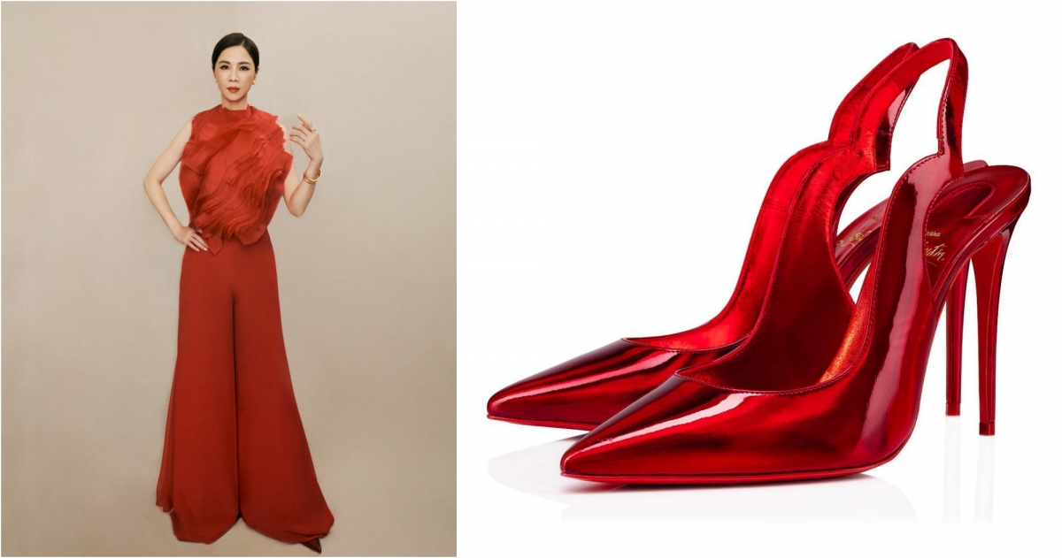 Christian Louboutin Hot Chick Sling金屬紅色漆皮露跟高跟鞋,NT$29,500