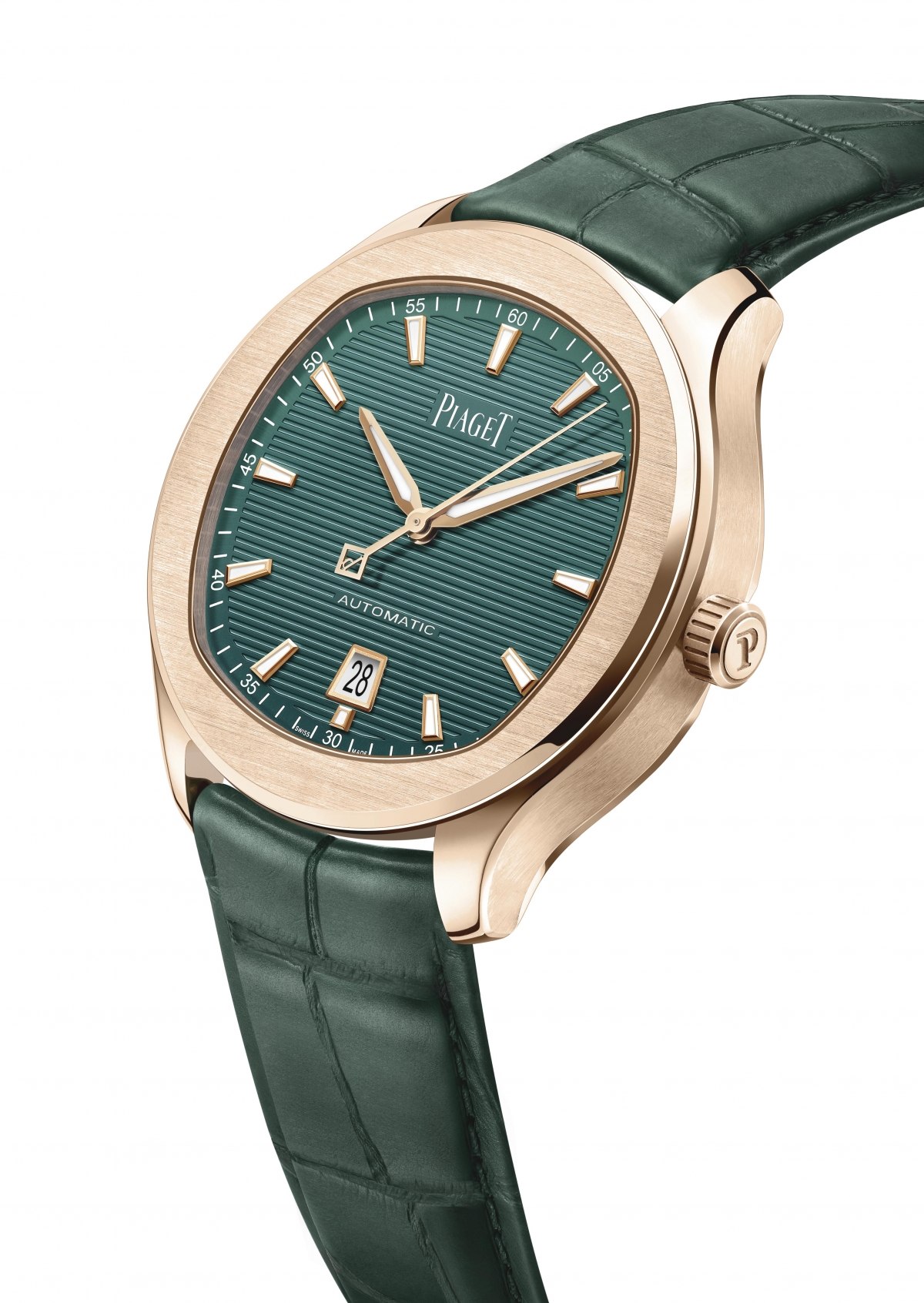 PIAGET Polo系列18K玫瑰金孔雀綠日期顯示自動上鍊腕錶,建議售價NT$930,000。