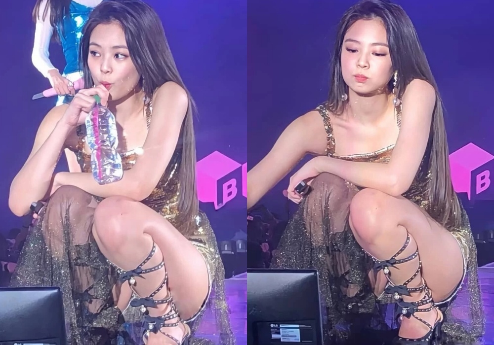 Jennie一連串的擦汗、撥髮、喝水等動作都在粉絲眼前近距離發生