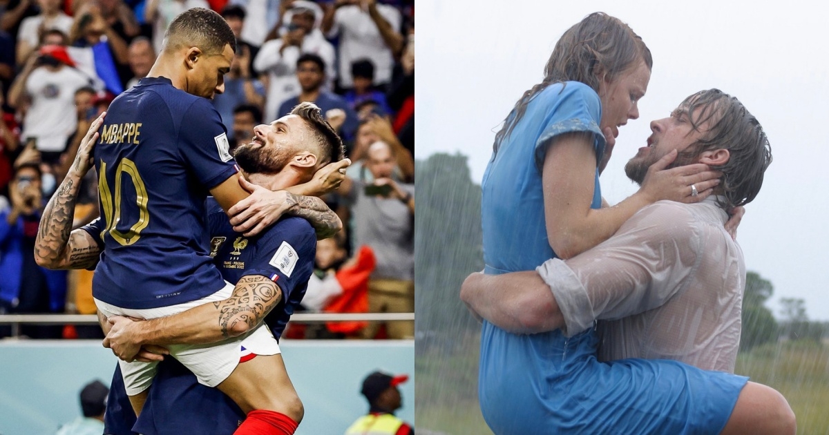 當宣佈法國勝利後，姆巴佩跳到基奧特的身上微笑對視