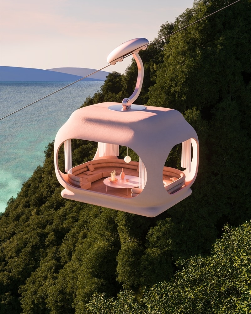 粉紅色的空中纜車，上方還可以用餐