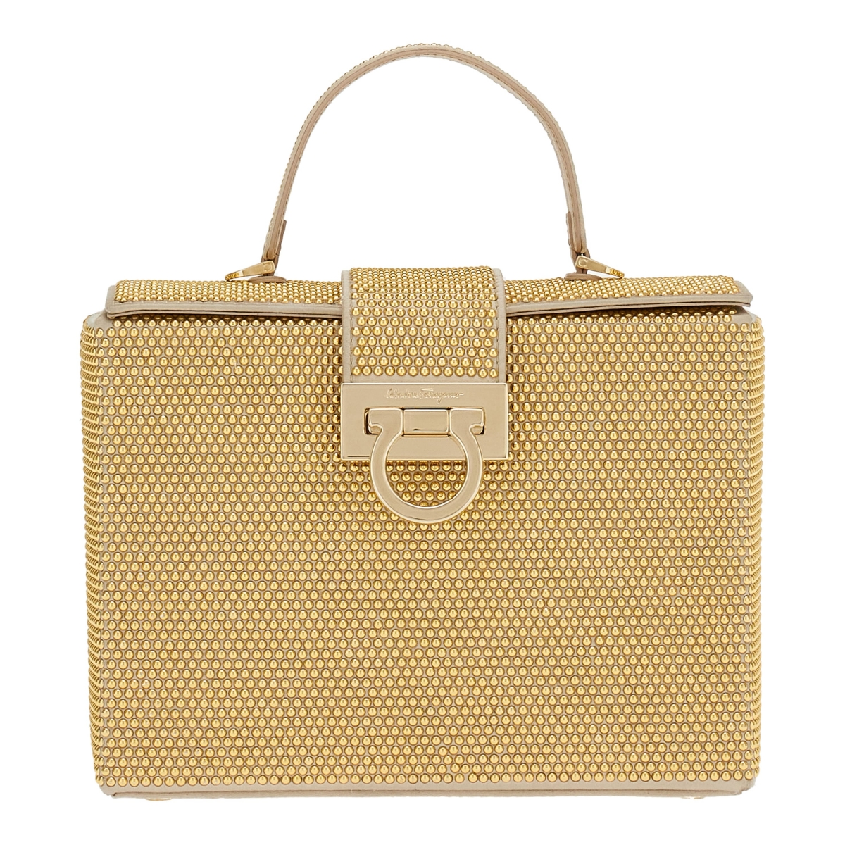 FERRAGAMO HOLIDAY系列_金色水晶鑲嵌TRIFOLIO BOX手提包，NT$87,900