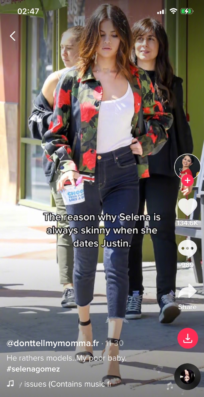 網友批評小賈斯汀逼賽琳娜維持纖瘦身材