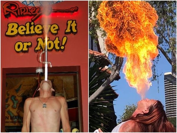 Scott Nelson還會將長劍裝上小型火箭筒,搭配噴火表演