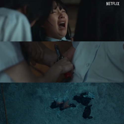 「霸凌5人幫」在體育館對文同珢嚴重欺辱,除了拳打腳踢外,還用高溫「電棒捲」把她燙得體無完膚