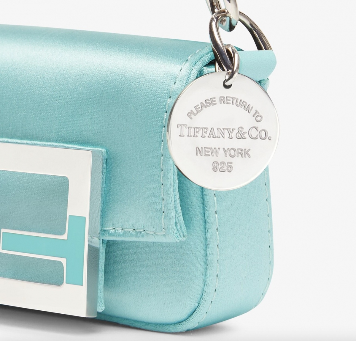 Nano Baguette Charm Tiffany & Co. charm x Fendi in Tiffany Blue™ silk $3,290.00