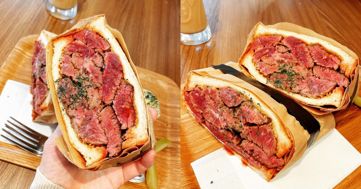 「Stabler」牛排三明治橫切面粉嫩多汁。