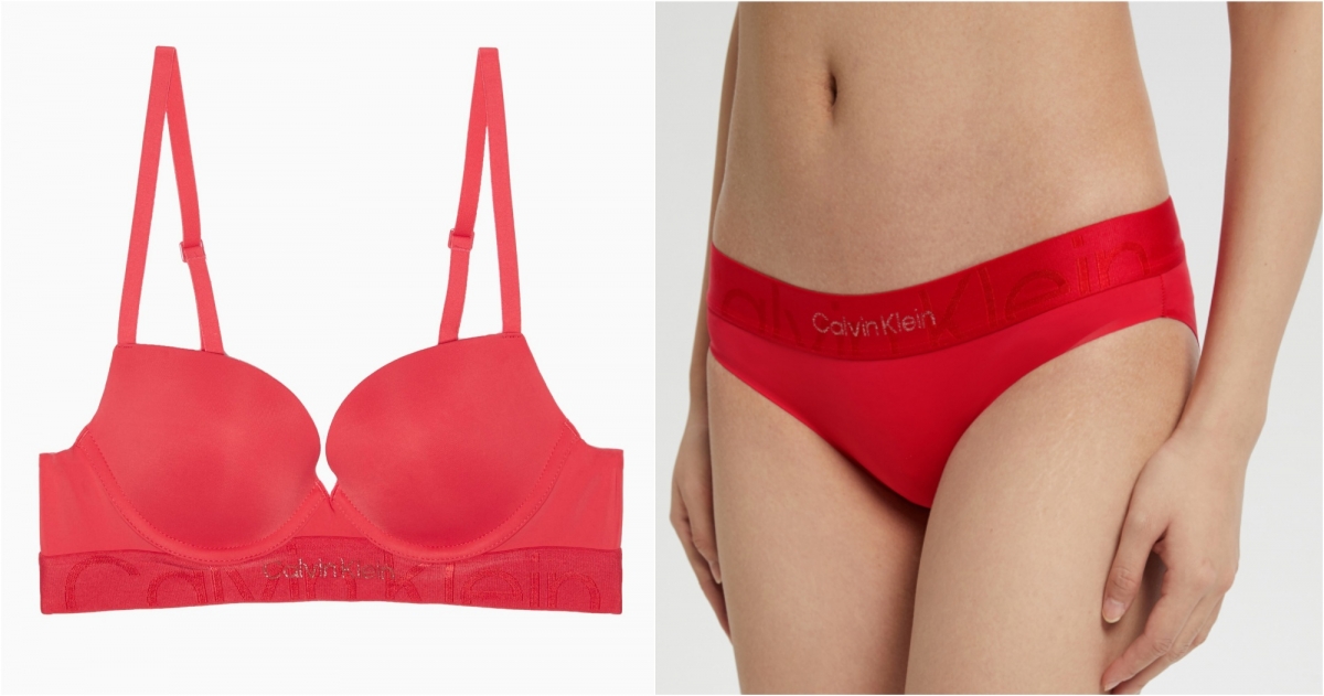 Calvin Klein Embossed Icon集中式薄墊胸罩,NT$2,080/Calvin Klein 紅色標誌印花比基尼內褲,NT$980