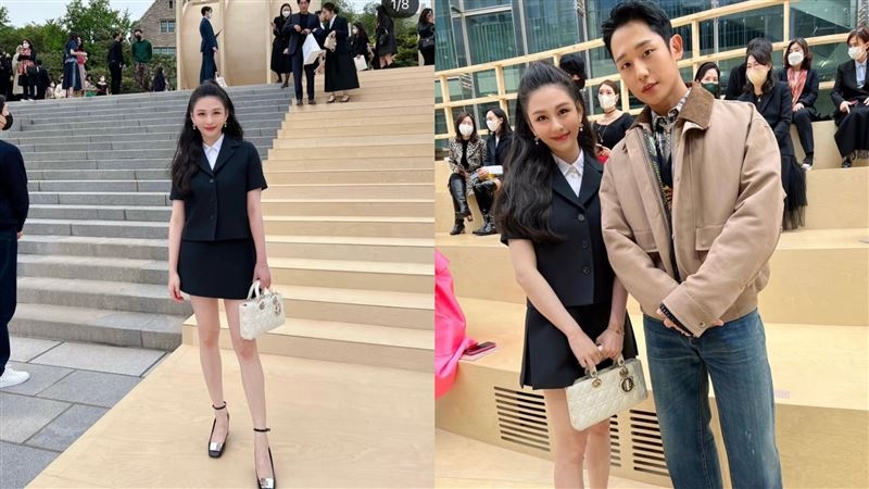 出席Dior大秀的沈月和丁海寅拍照。