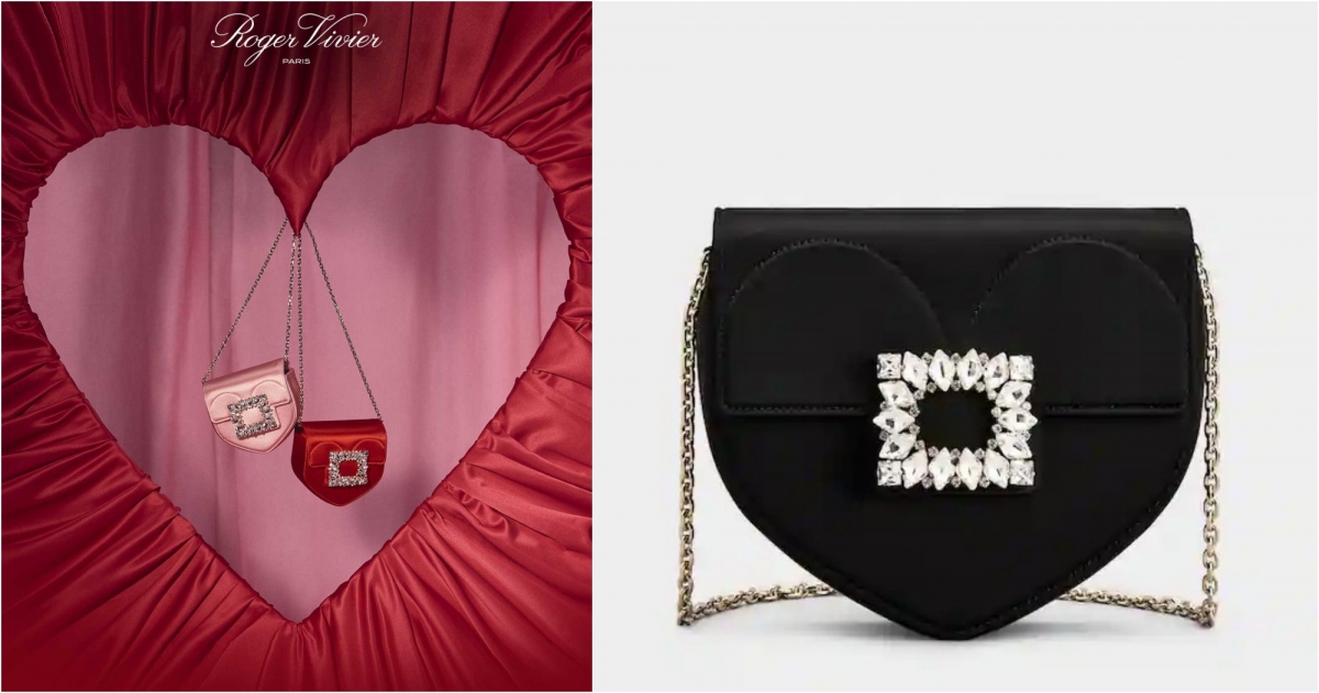 Roger Vivier Love系列黑色緞面鑽扣鍊帶包 (小型)，NT$75,000
