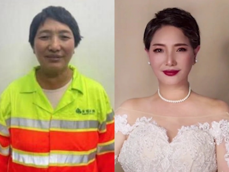 最後，奶奶換下工作服，戴上皇冠及項鍊耳環、穿上白紗裙更是美翻全場