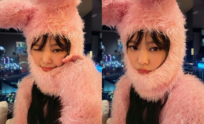 戴上兔子頭套的Jennie稚嫩可愛。
