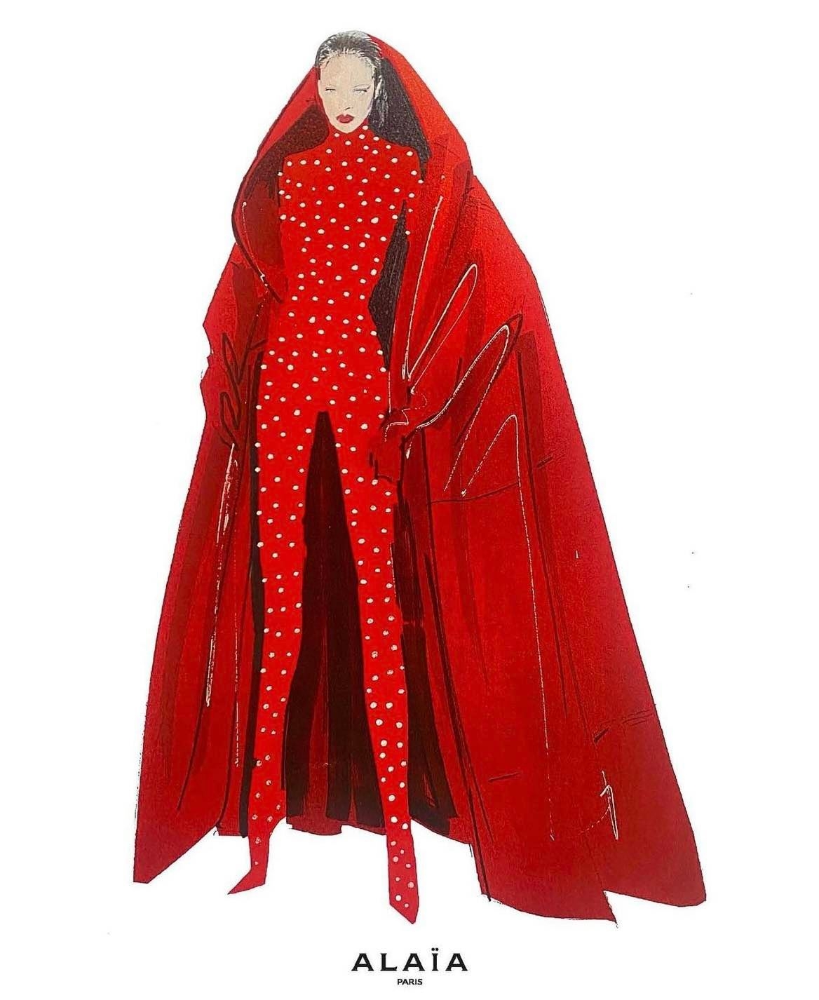 紅色羽絨長袍由Alaïa 創意總監Pieter Mulier 為蕾哈娜量身訂製。