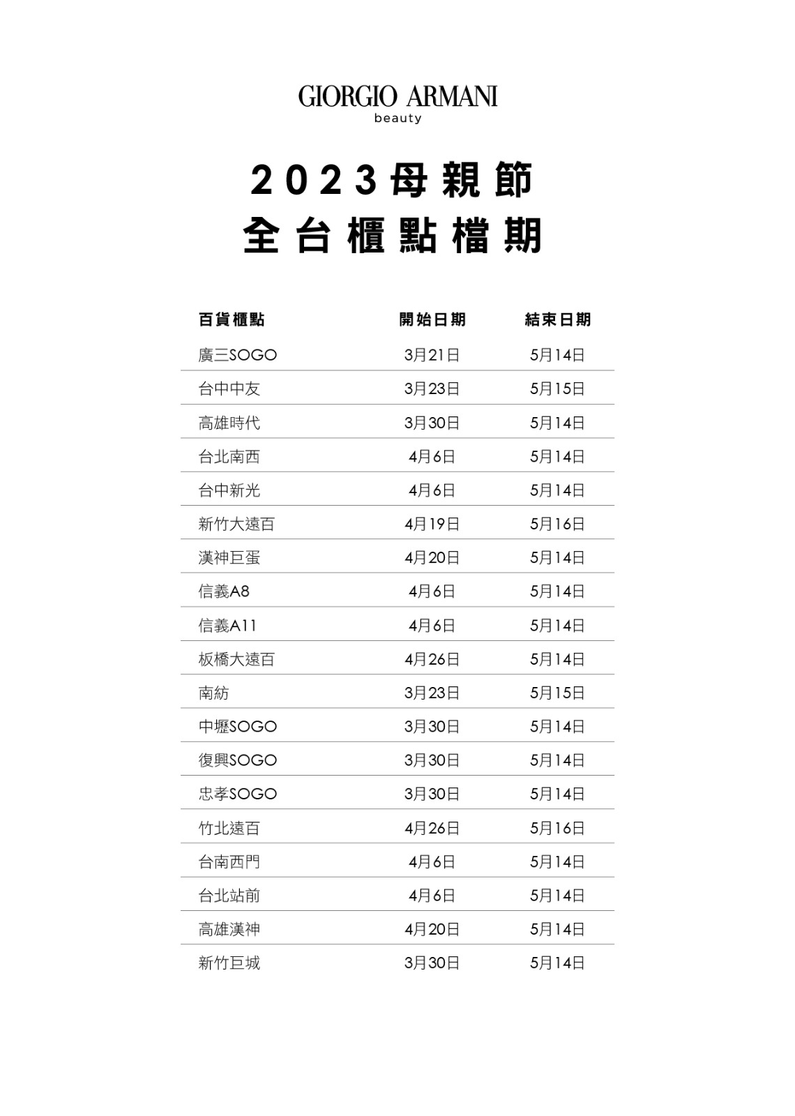 Armani Beauty 母親節檔期時間