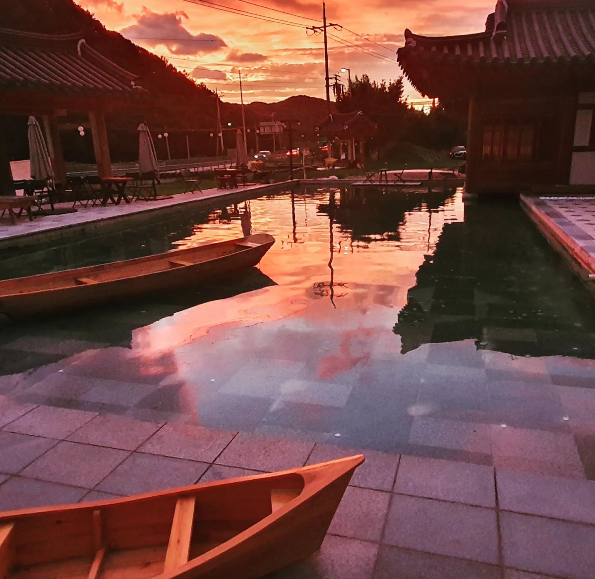 紫紅色晚霞映照得池塘水面夢幻迷人。