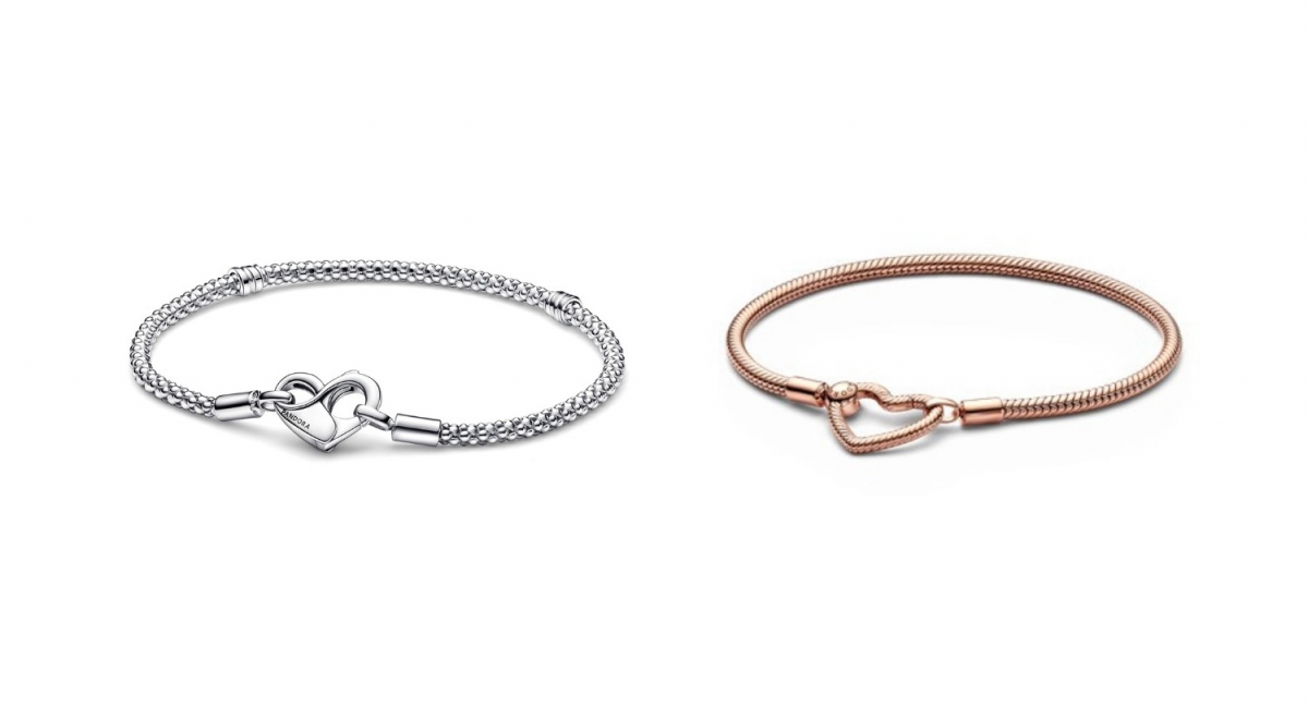 Pandora Moments粒紋手鏈NT$3,280；Pandora Moments鍍14k玫瑰金心形釦蛇鏈