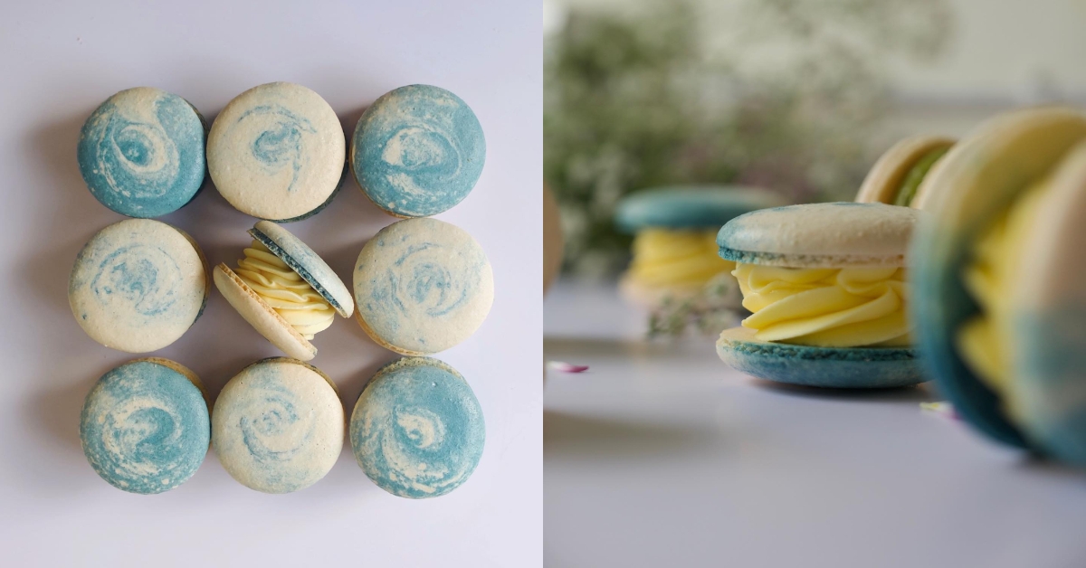 「海鹽香草」韓式胖卡龍冰藍色的外型綺麗絢爛猶如小小星球。