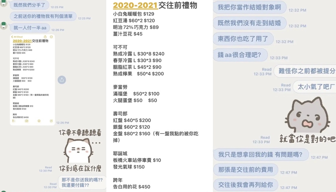 對方列「AA價目表」索討兩人交往前後花費