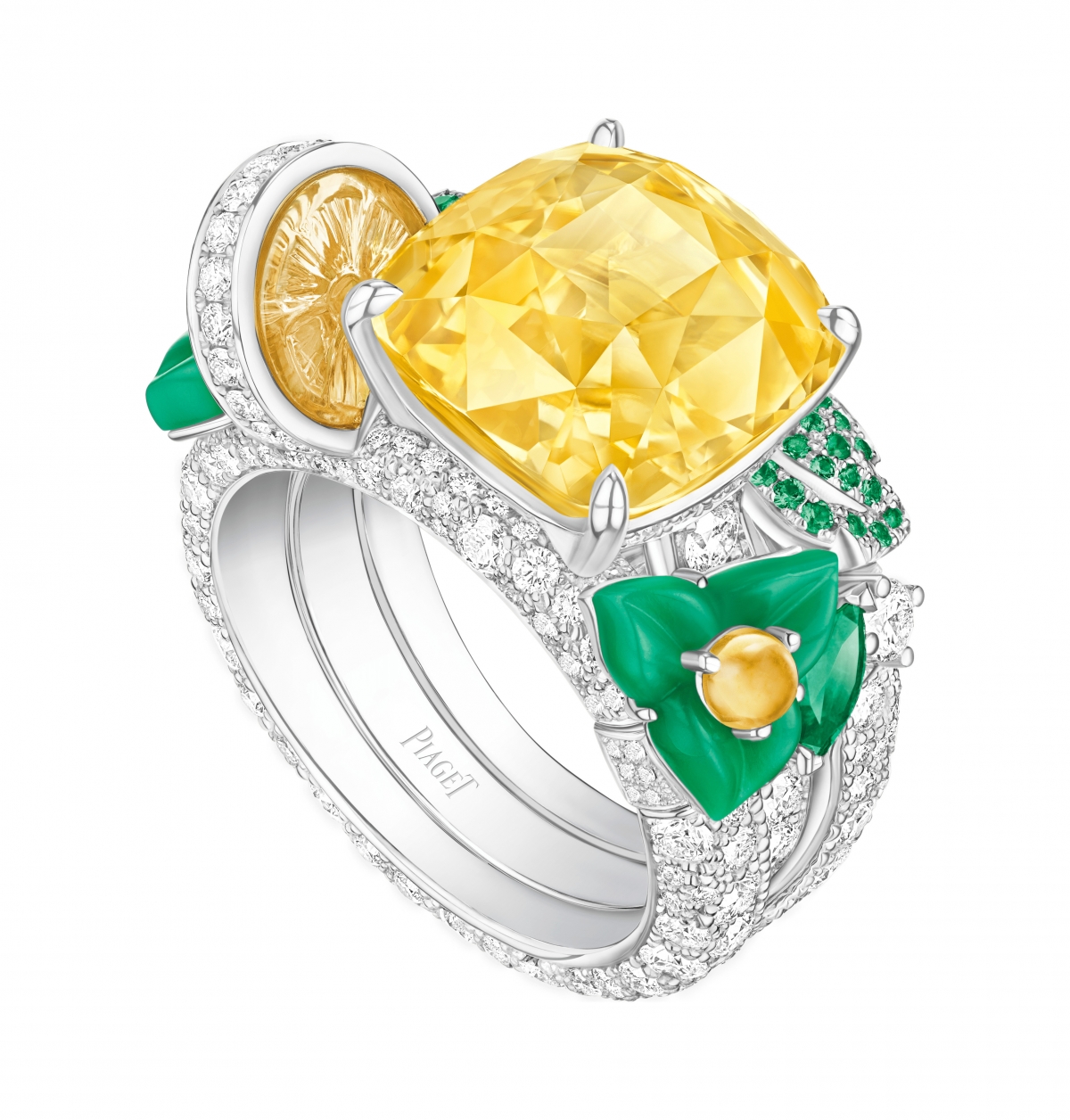 PIAGET SOLSTICE頂級珠寶暨腕錶系列_Lemon Fizz 18K白金黃色藍寶石雞尾酒戒指