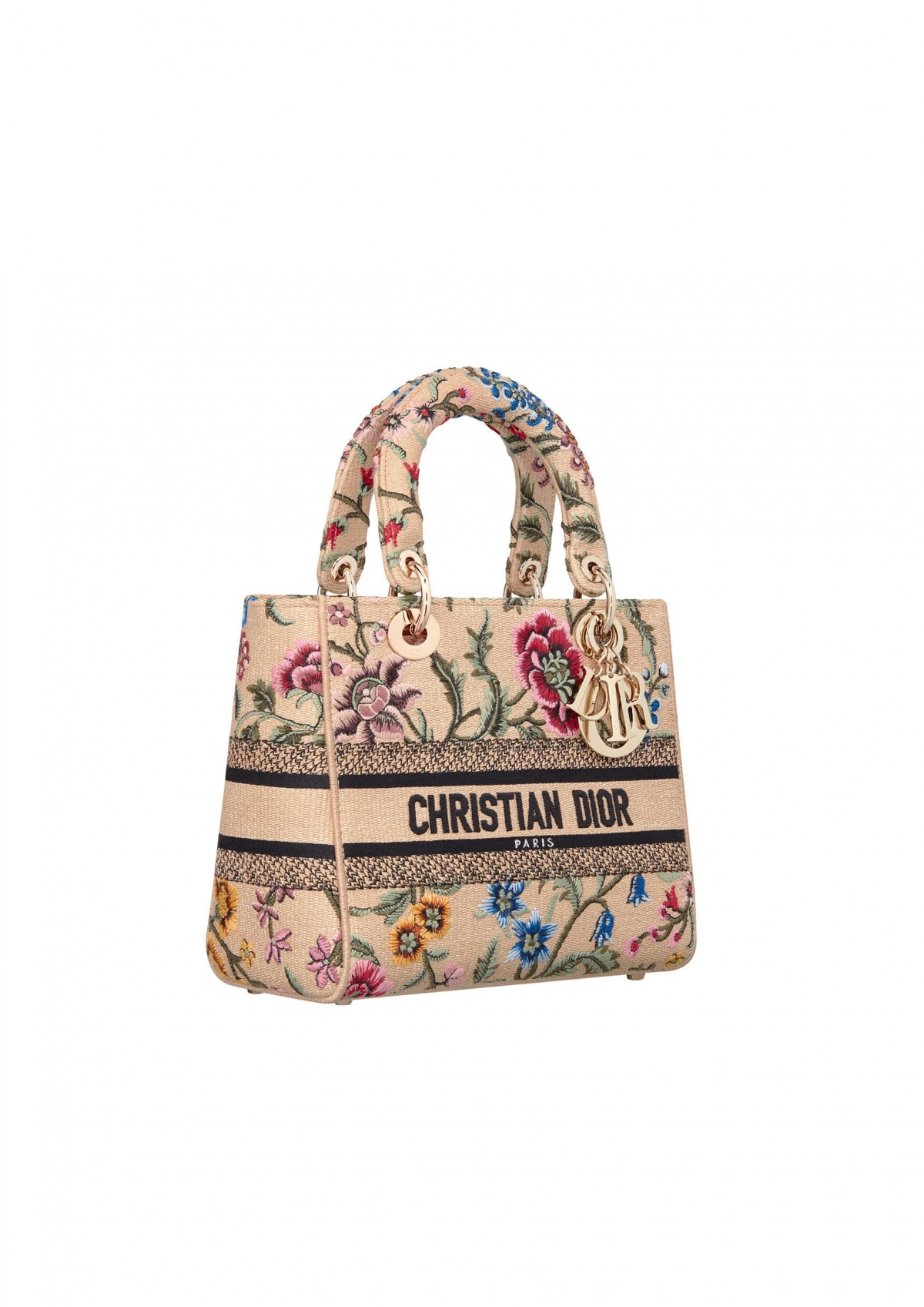 LADY D-LITE 米色 DIOR PETITES FLEURS 刺繡圖案拉菲草中型提包 NTD150,000