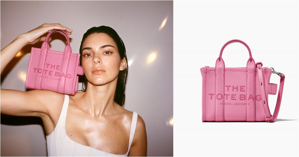 名模Kendall Jenner 搭配Marc Jacobs 山櫻花粉The Tote Bag 迷你托特包,NT$16,900
