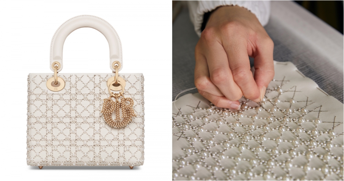 Dior Lady Dior 奶油白串珠刺繡籐格紋小羊皮小型提包,NT$305,000