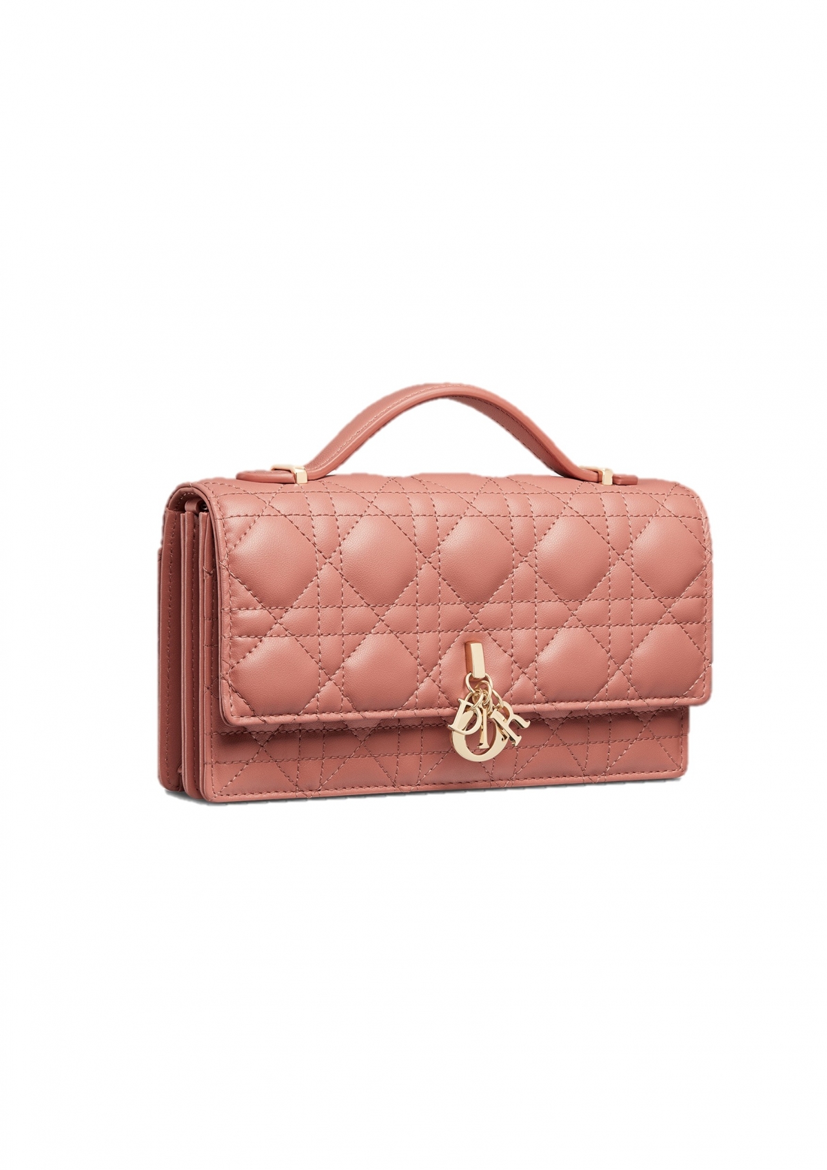Dior Lady Dior 沙漠玫瑰粉籐格紋小羊皮長型錢包與可拆式鏈帶,NT$79,000