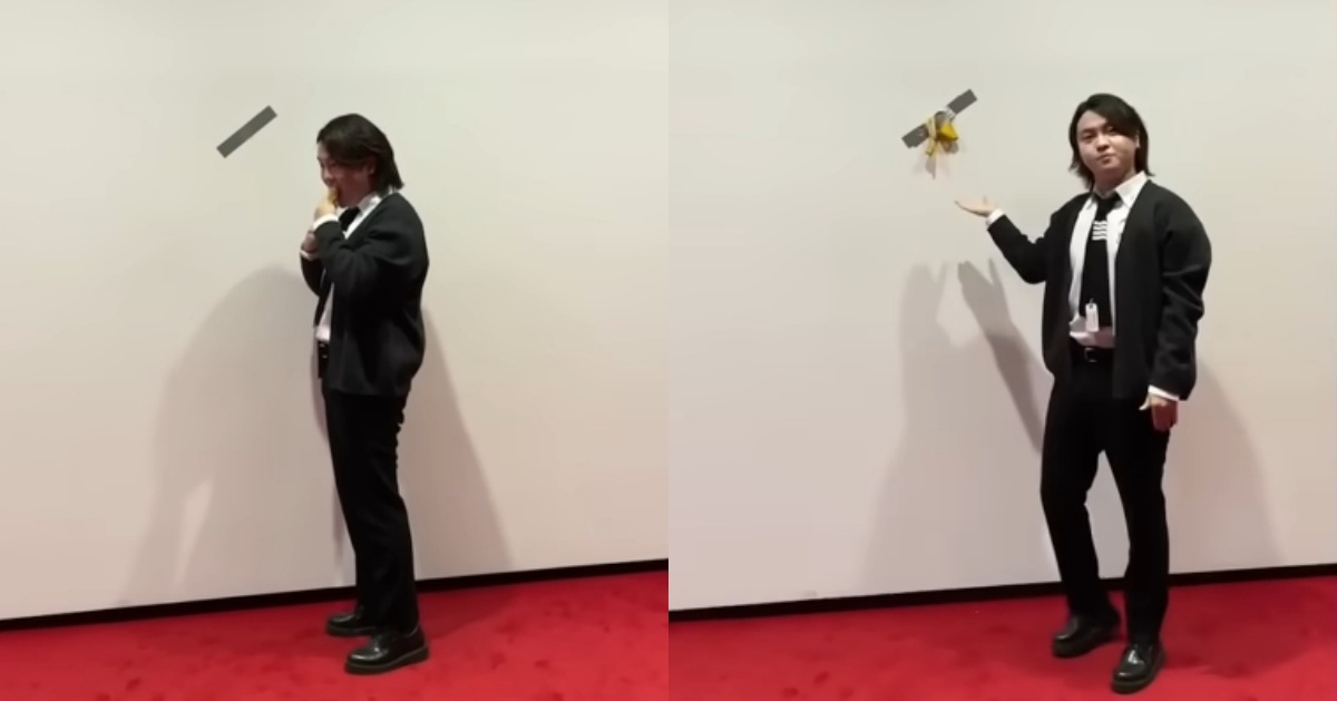 一名首爾大學美術系盧姓學生，在館內面帶笑容地將藝術品吃掉