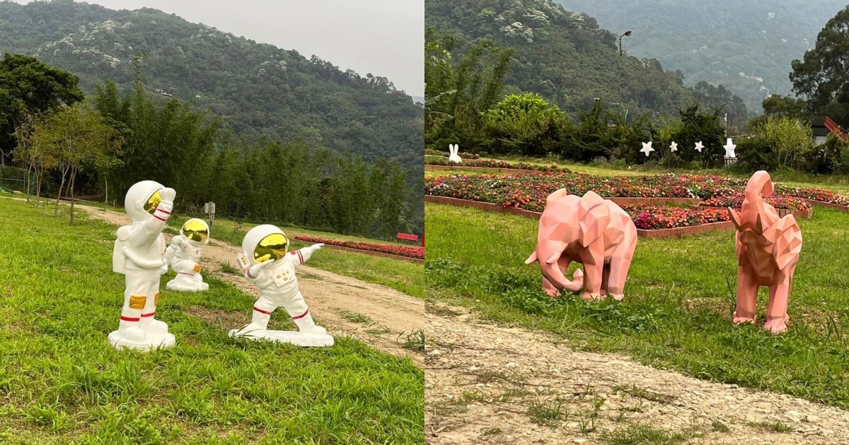 園區除了一片無邊際的黃澄澄金針花海之外，現場有各種雕塑造景